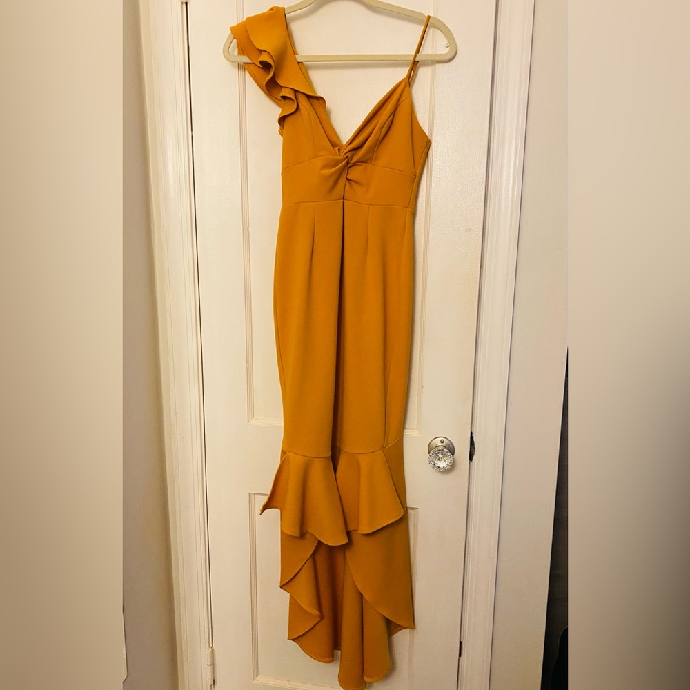 WOMEN’S RUFFLE STRAP TWIST BUST DRESS MUSTARD - XS - Picture 6 of 8